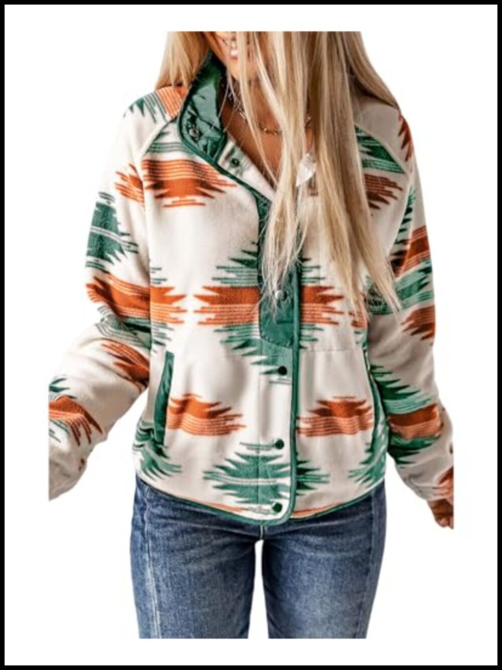 Womens Fleece Jacket Snap Button Down Aztec Print Warm Coat